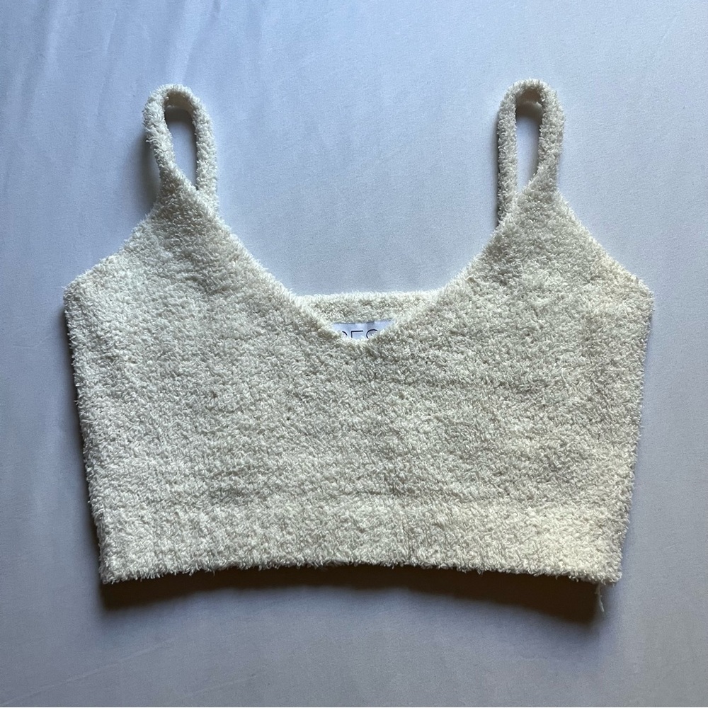 RESA ivory fuzzy faux shearling knit cropped tank‎ top